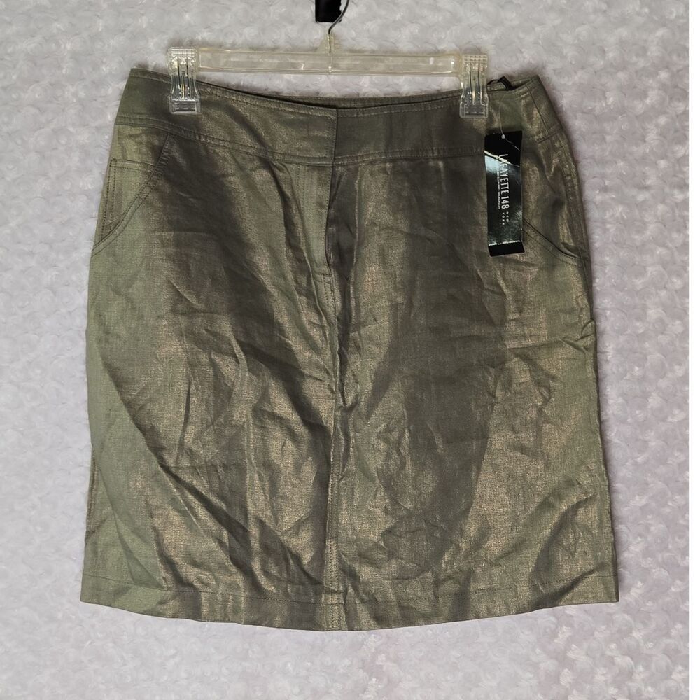 Lafayette 148 New York Metallic Olive Straight Pencil 100% Linen Skirt Size 8
